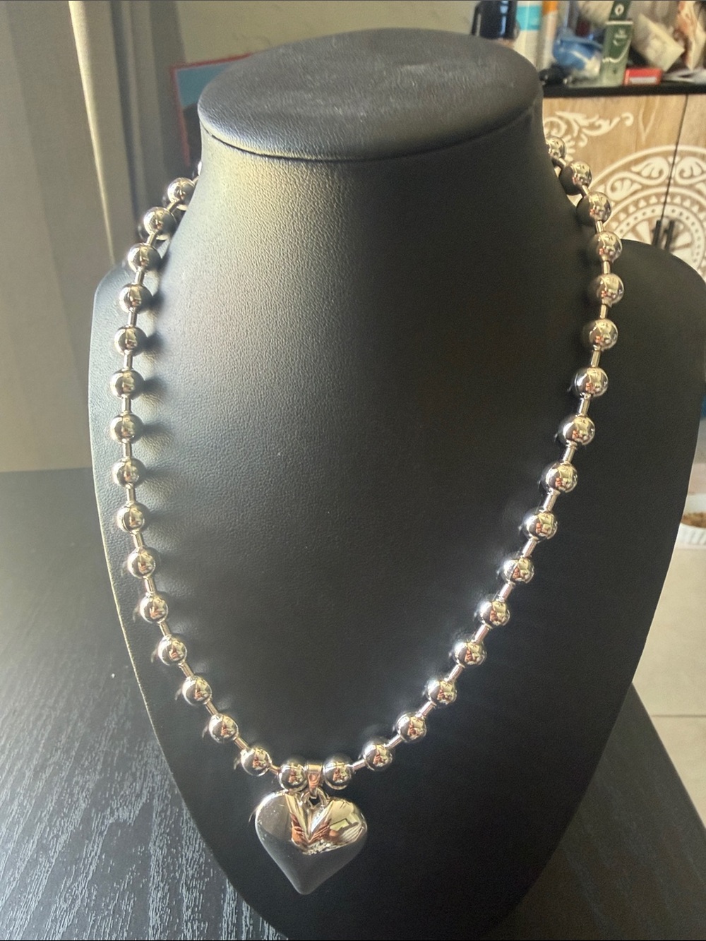Source Unknown Silver Bead Necklace with Heart Locket Pendant